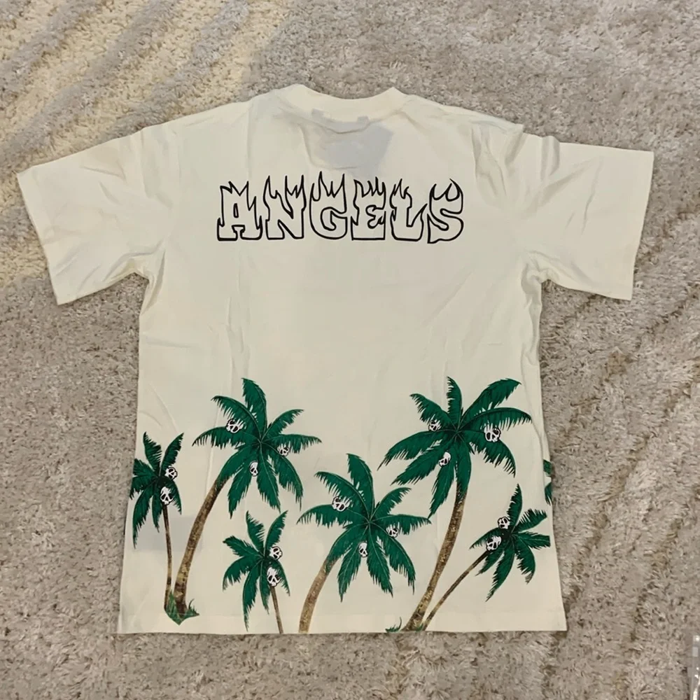 Palm Angels Flaming Letters Skull Palm Trees White T-Shirt Men size Large